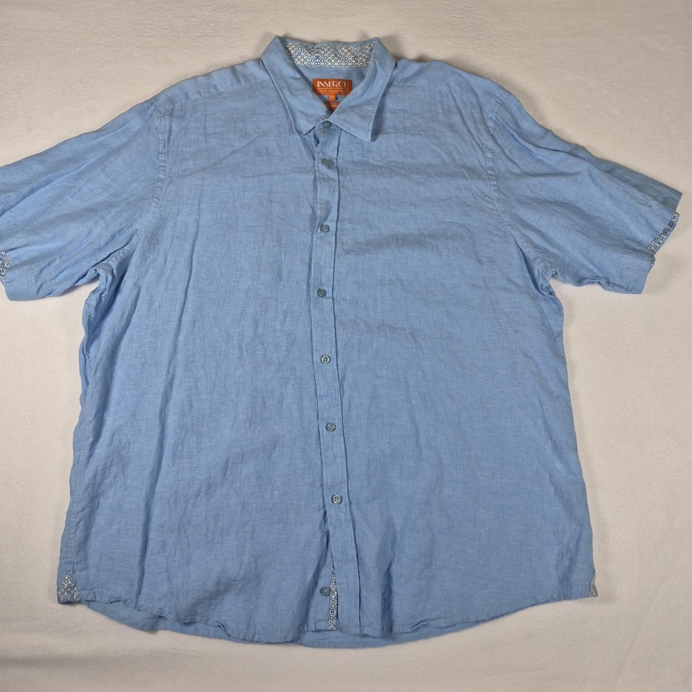 Inserch 100% Linen Button Down Shirt Men's Size 3XL Blue Short Sleeve Breathable